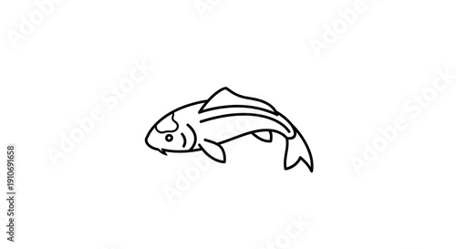 A minimalist black and white line art illustration of a swimming fish, possibly a koi, with simple details.