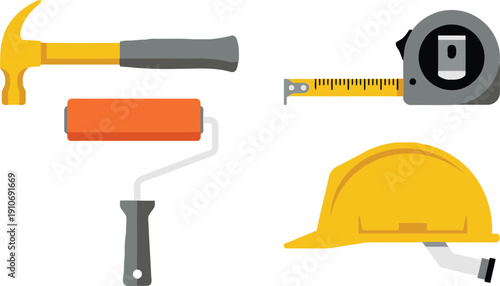 View of construction tools and equipment including hammer, roller, tapemeasure, hardhat on white surface with yellow and gray accents