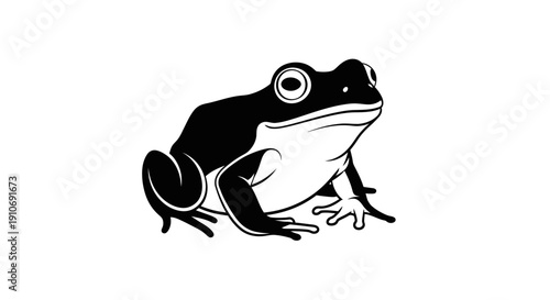 A black and white illustration of a frog sitting, with prominent eyes and a simple graphic style.