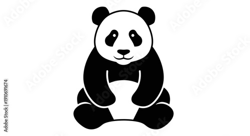 Simple black and white illustration of a cute sitting panda bear, facing forward with a gentle expression.