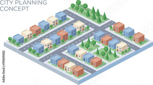 Exploring a 3D city planning block layout with houses, trees, and intersecting roads in a quadrant graphic view