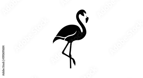 Black silhouette of a graceful flamingo standing on one leg, isolated on a white background, representing tropical wildlife.