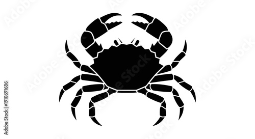 A black silhouette of a crab with prominent claws and legs, isolated on a white background, showcasing its distinct shape.