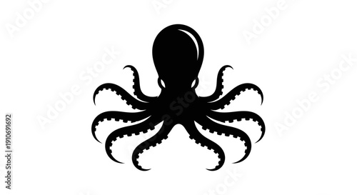 A black octopus silhouette with eight tentacles spread out on a white background.