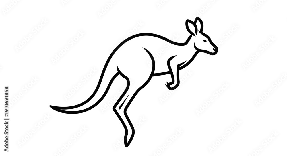 Fototapeta premium Black and white outline drawing of a kangaroo in profile, standing on its hind legs.