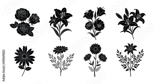 Black and white floral arrangement of roses lilies and daisies