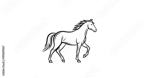 A black and white line art drawing of a horse walking with a flowing mane and tail, depicted in profile.