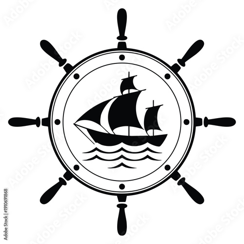Yacht logo icon flat vector illustration with helm boat and water on white background suitable for t shirt design concept and marine branding