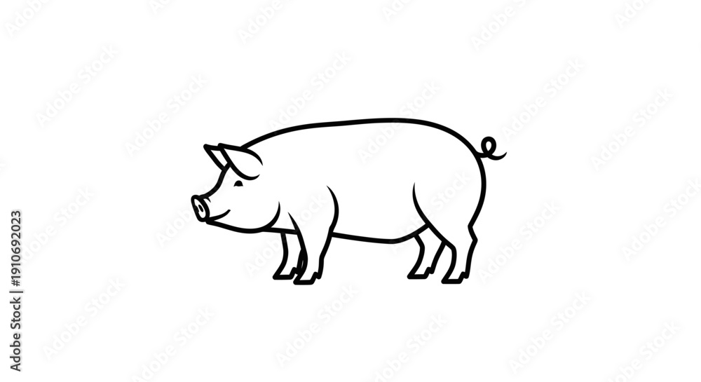 Fototapeta premium A simple black and white line art illustration of a pig, depicted in a side profile view on a plain white background.
