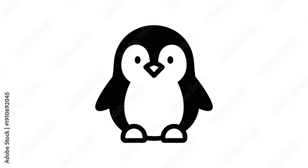 Fototapeta premium A charming and simple black and white cartoon illustration of a cute penguin standing.