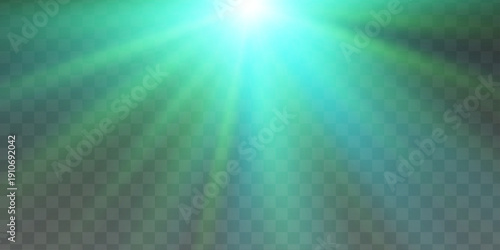 Large star with soft green rays, shining from top with light spreading across extremely dark background.
