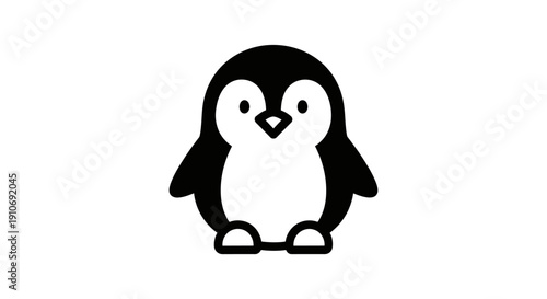 A charming and simple black and white cartoon illustration of a cute penguin standing.