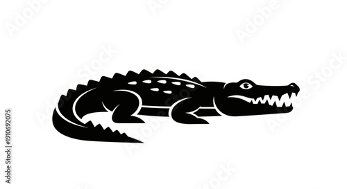 Black silhouette of a stylized alligator or crocodile with sharp teeth and textured scales, isolated on a white background.