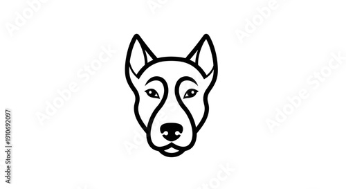 Minimalist black and white line art illustration of a dog's head, front view, with pointed ears and a simple snout.