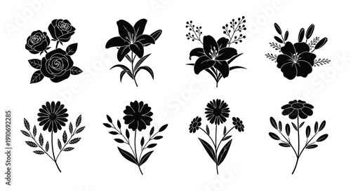 Black and white floral arrangement of roses lilies and daisies