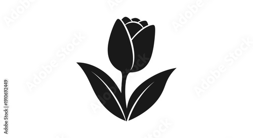Black Tulip Silhouette with Leaves.