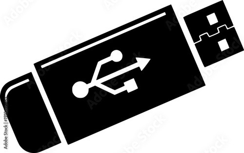 USB flash drive icon for digital data storage and portable computer technology connection – Black and White Vector Illustration