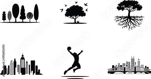 Nature and urban silhouette collection, trees, city skylines, basketball player action, bridge architecture, growth roots, modern environment contrast