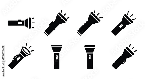 Collection of black silhouette flashlights emitting light beams