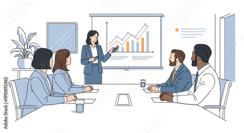 Professional businesswoman confidently leads a diverse group of colleagues during an important corporate strategy presentation with charts and graphs displayed