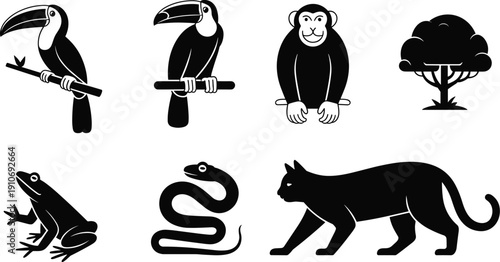 Rainforest animals illustration with toucan, monkey, frog, snake, big cat, and tree in stylized black and white design