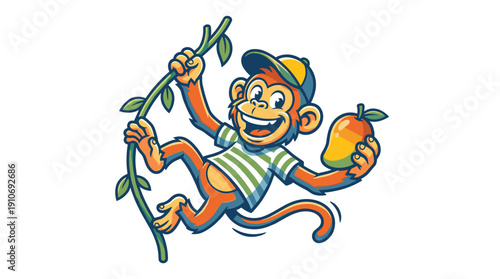 A cheerful cartoon monkey wearing a cap and striped shirt, swinging on a vine while happily holding a ripe mango.