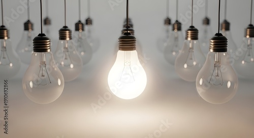 Wallpaper Mural One glowing light bulb among turned-off bulbs, innovation concept, white background Torontodigital.ca