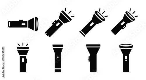 Collection of black silhouette flashlights emitting light beams