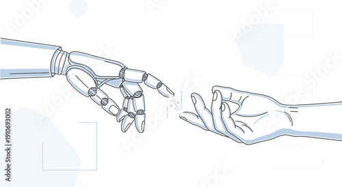 Digital evolution concept shows a detailed robotic mechanical arm fingertip reaching toward a delicate human hand fingertip creating connection