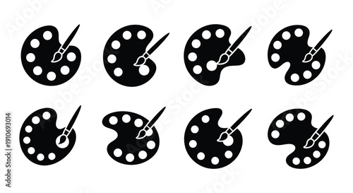 Black and white vector illustration of artist palettes with paintbrushes