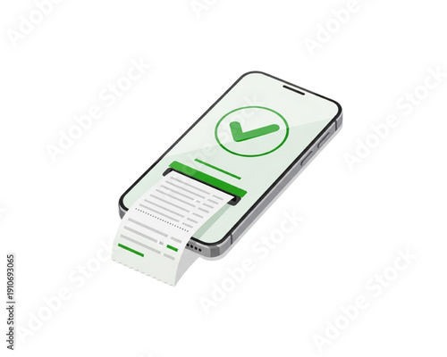 Mobile payment success concept. Smartphone screen with green checkmark and printed paper receipt. Online banking transaction confirmed vector illustration for digital invoice and e-commerce bill.