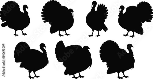 Silhouette collection of turkeys in various postures, black bird outlines for seasonal Thanksgiving decoration, wildlife illustration design