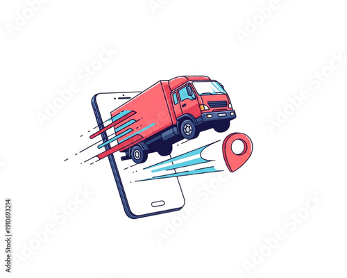 Flat Vector Fast Delivery Illustration for E‑Commerce Website, Express Shipping Truck on Smartphone Map Pin, Logistics Transport Service, Online Order Dispatch, Courier