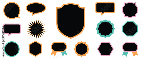 Badge shield label icons showing emblem seals, framed labels, and speech bubbles for award badges and interface design