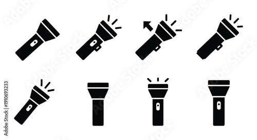 Collection of black silhouette flashlights emitting light beams