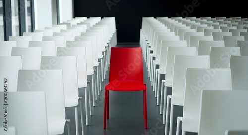 Wallpaper Mural Red chair among rows of white chairs, uniqueness concept Torontodigital.ca