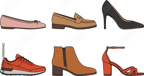 Women’s Fashion Shoes Collection Flat Vector Set Isolated on White Background