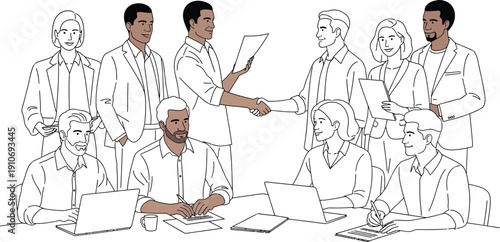 Diverse team members engage in a professional business meeting featuring handshakes agreements and collaborative work around a central table setup