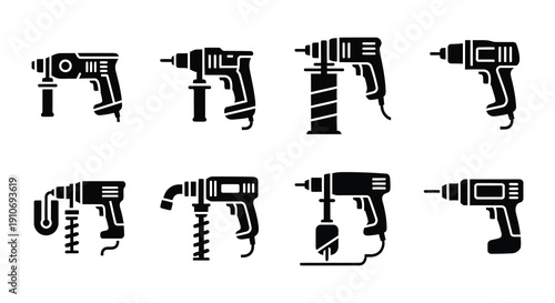 Black silhouettes of various power drills and driver tools displayed