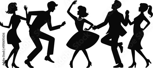 Retro dancing people silhouettes showing men and women enjoying party music fun and movement isolated on white background for nightlife entertainment and vintage lifestyle design