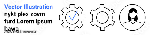 Two gear icons, one with a checkmark, and a human avatar illustrating collaboration, workflow efficiency, and user-centered design. Ideal for business, teamwork, process improvement, management