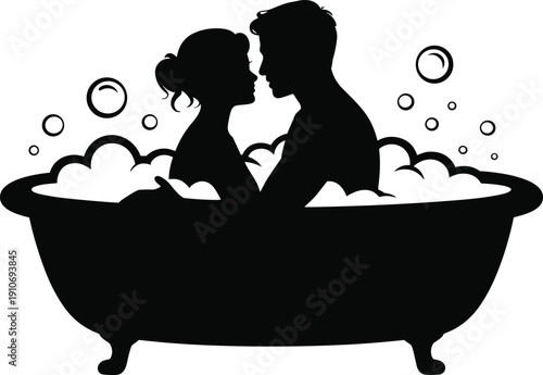 Romantic couple silhouette embracing in bubble bath bathtub, intimate love scene illustration, spa relaxation concept, valentines day romance, black and white vector isolated design