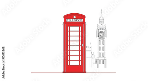 Iconic bright red british telephone booth stands prominently beside a black and white line drawing illustration of the famous elizabeth tower in london