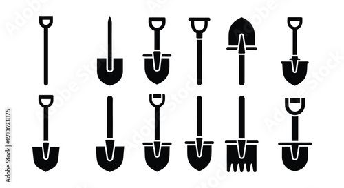 Collection of black silhouette garden tools primarily shovels and spades