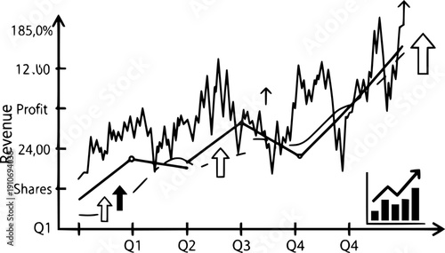 Business graph chart showing trend analysis with line fluctuations for finance statistics and performance growth – Black and White Vector Illustration