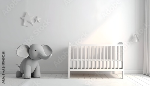 Wallpaper Mural Serene, white nursery crib, plush elephant, star decor, light and shadow Torontodigital.ca