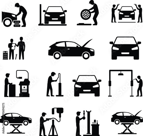 Automotive Repair and Car Service Icon Set with Mechanics, Vehicle Maintenance, Tire Change, Engine Inspection and Garage Workshop Silhouettes Vector Illustration for Professional Use