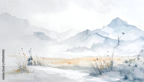 Wallpaper Mural Watercolor landscape misty mountains & sparse field, serene and muted hues Torontodigital.ca