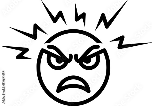 Anger emotion face icon featuring furious expression and frustrated mood for negative feeling symbol – Black and White Vector Illustration