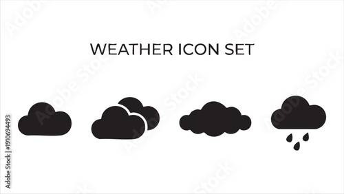 Weather icon set including diverse cloud silhouettes and rainy weather conditions for forecast design